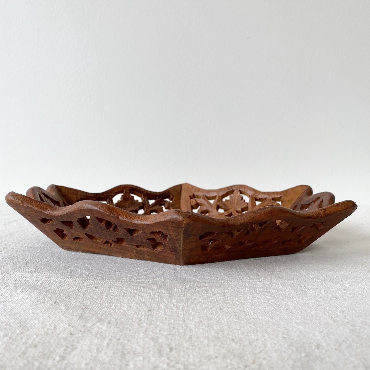 Vintage Carved Wood Tray with Inlay