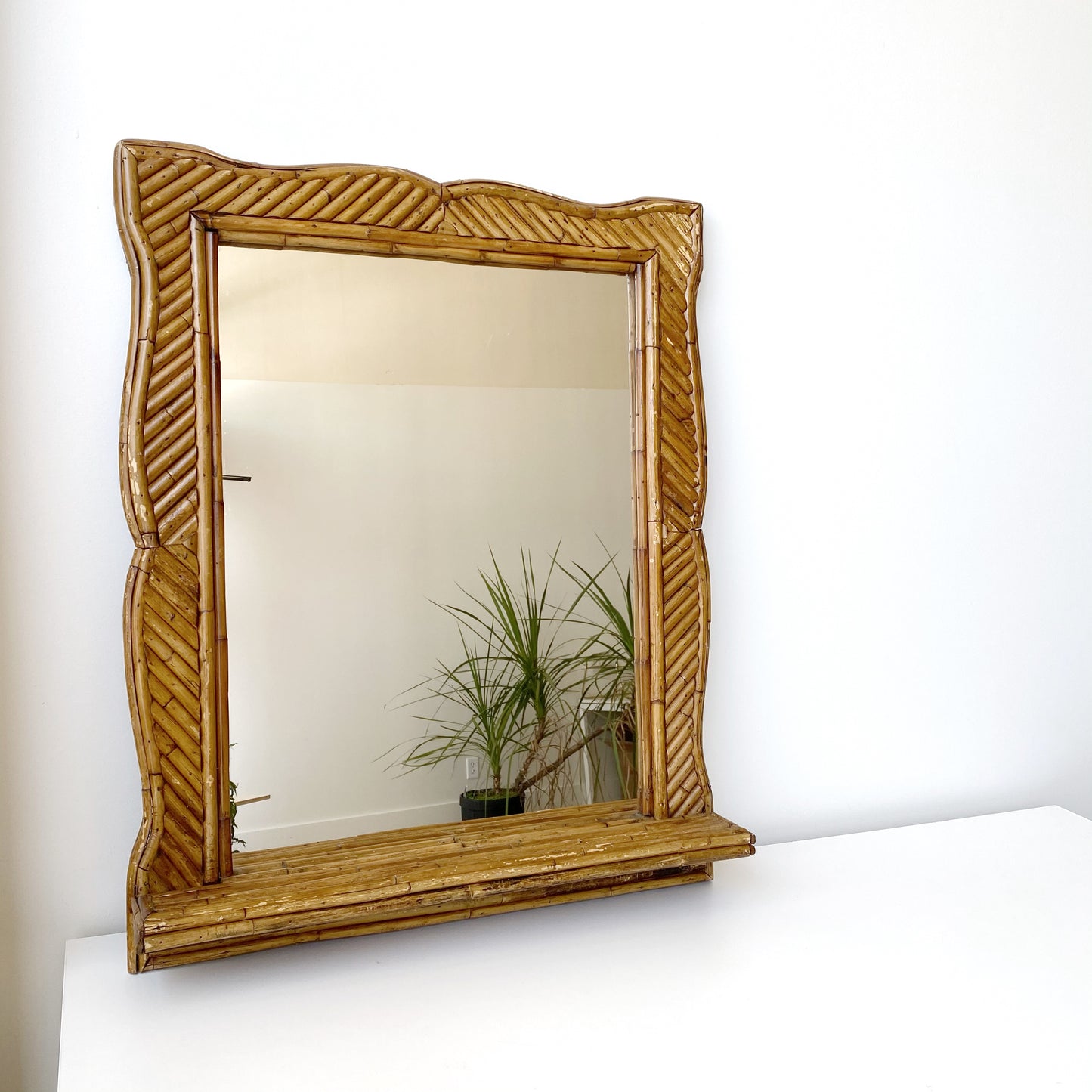 Large Vintage Rattan Mirror with Shelf (24.25" x 30")