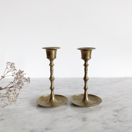 Pair of Vintage Etched Brass Candle Holders