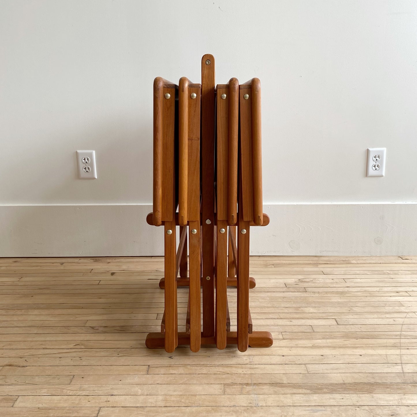 Set of 4 Vintage Teak Folding Trays with Stand