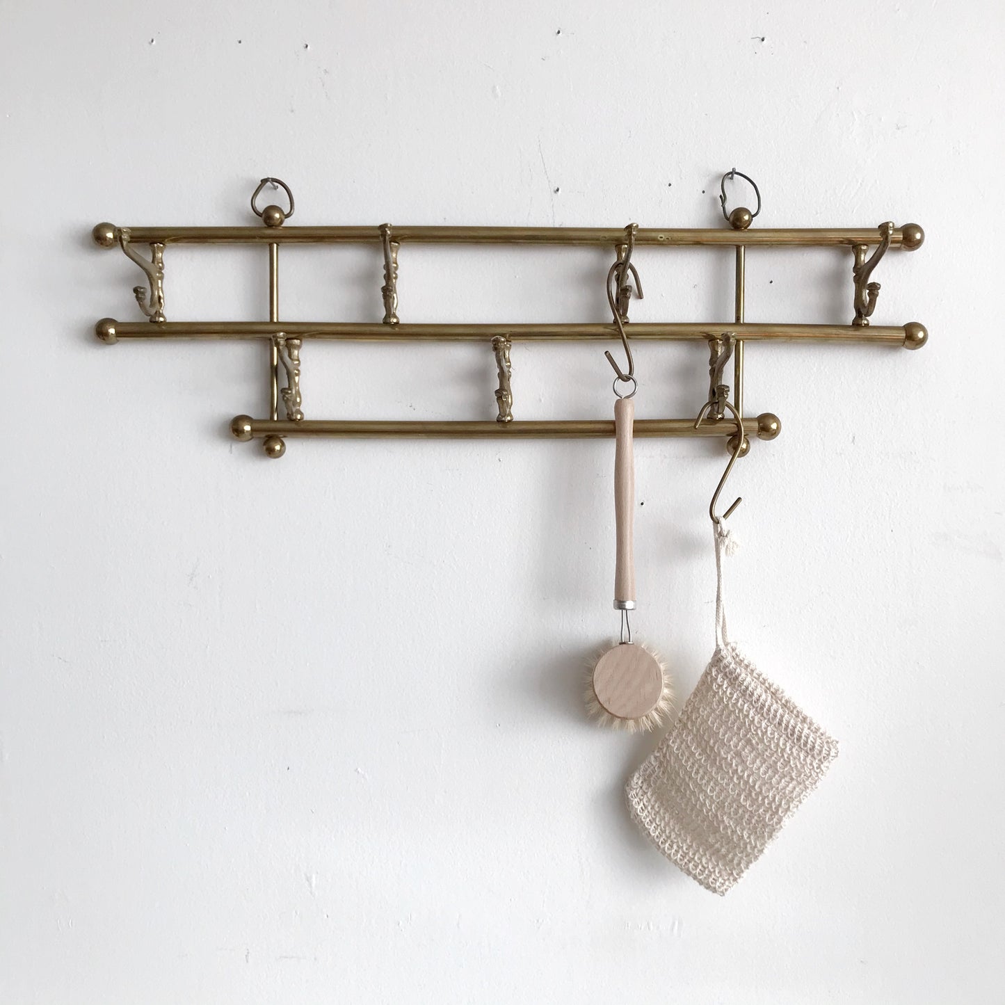 Vintage Solid Brass Coat Rack, 7 Double Hooks