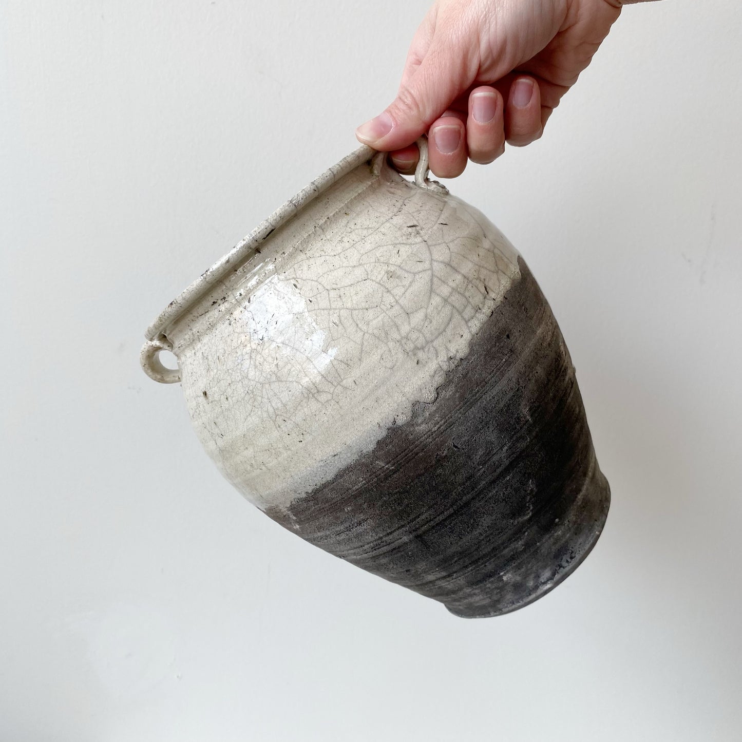 Large Vintage Clay Vase, Charcoal & White