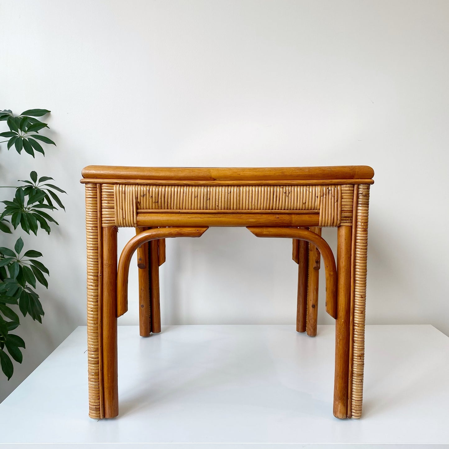 Vintage Rattan + Glass End Table / Side Table