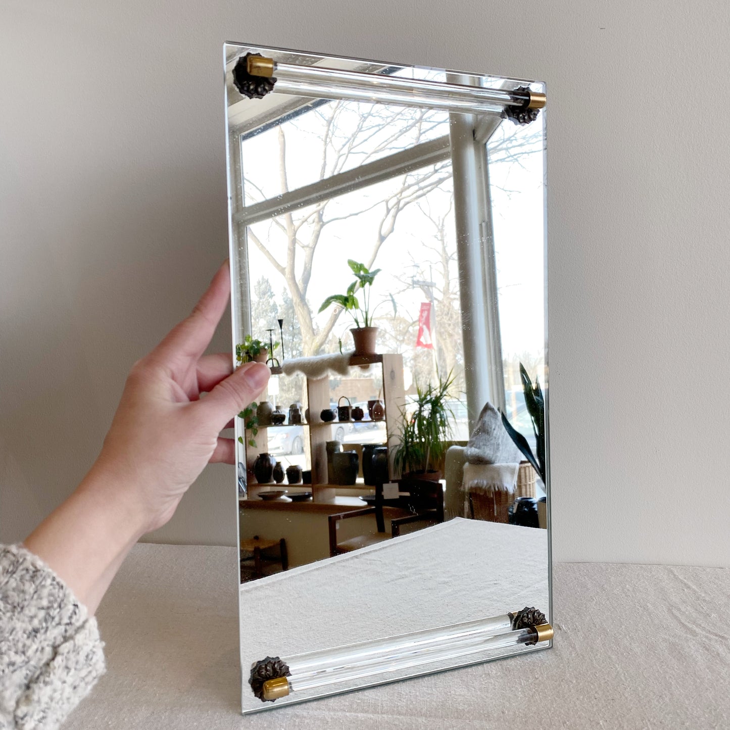 Vintage Mirror Dresser Tray with Glass Handles