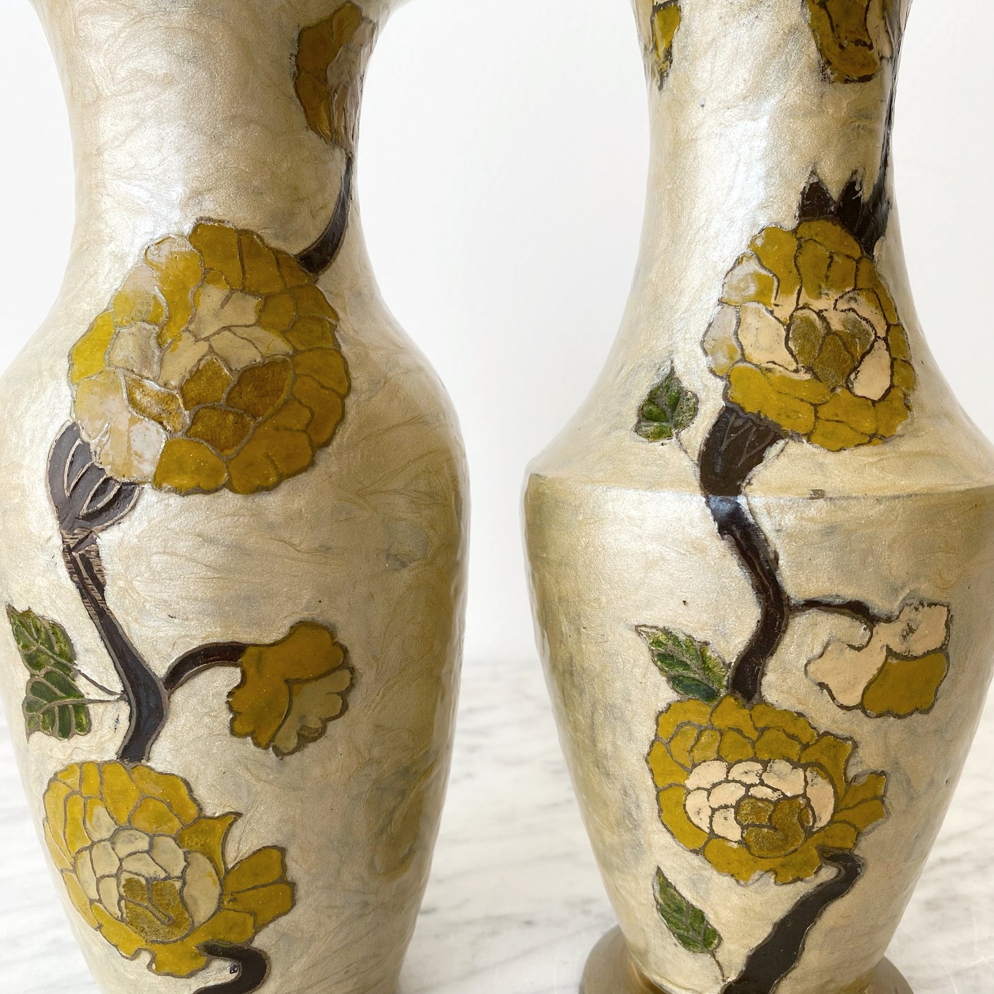 Large Vintage Enameled Brass Flower Vase