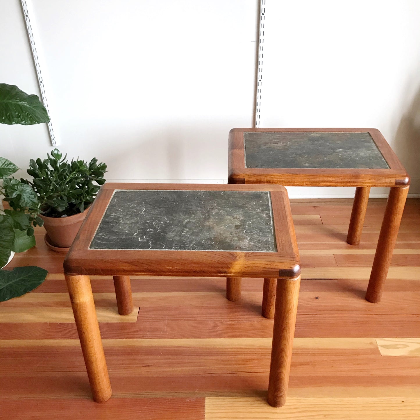Pair of Danish Teak and Stone End Tables by Haslev