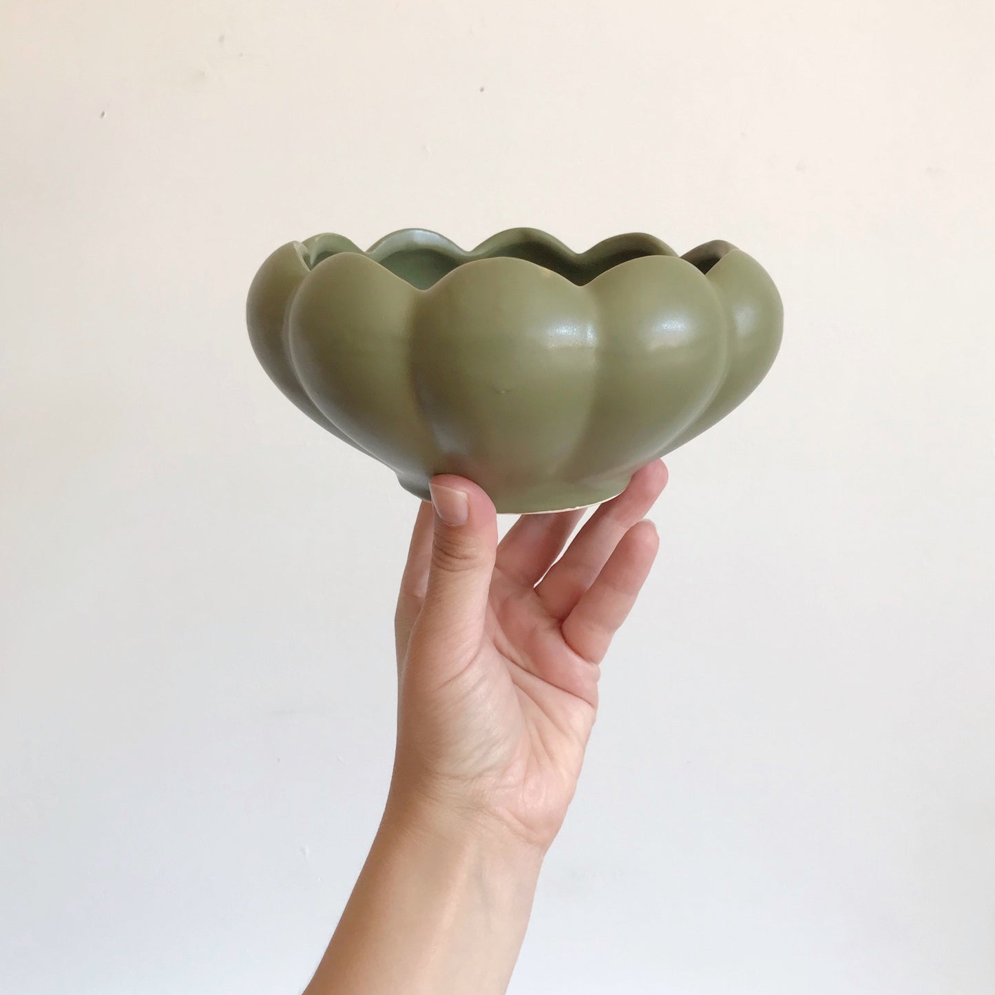 Vintage Scalloped Ceramic Planter, Green