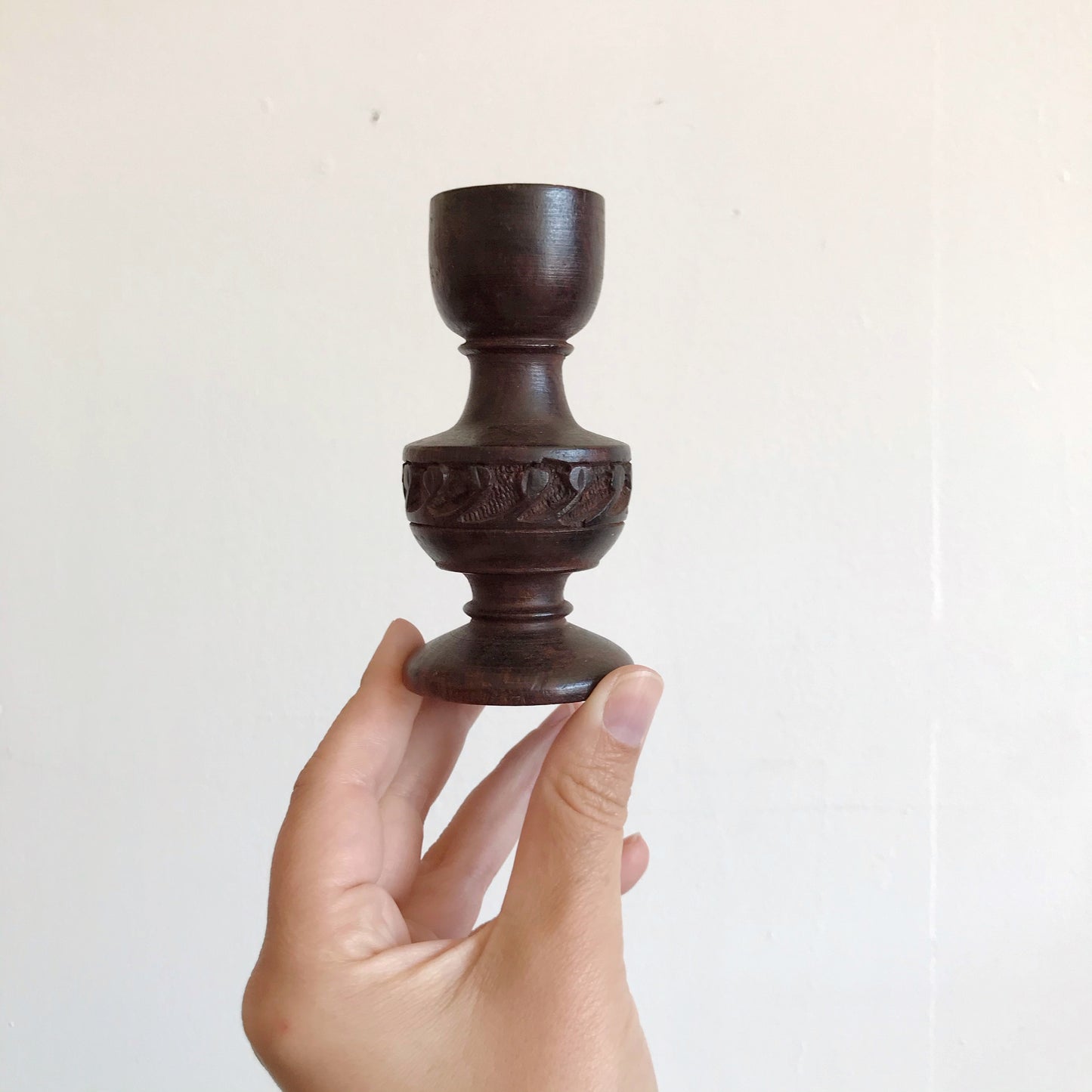 Carved Wood Candlestick Holder, India