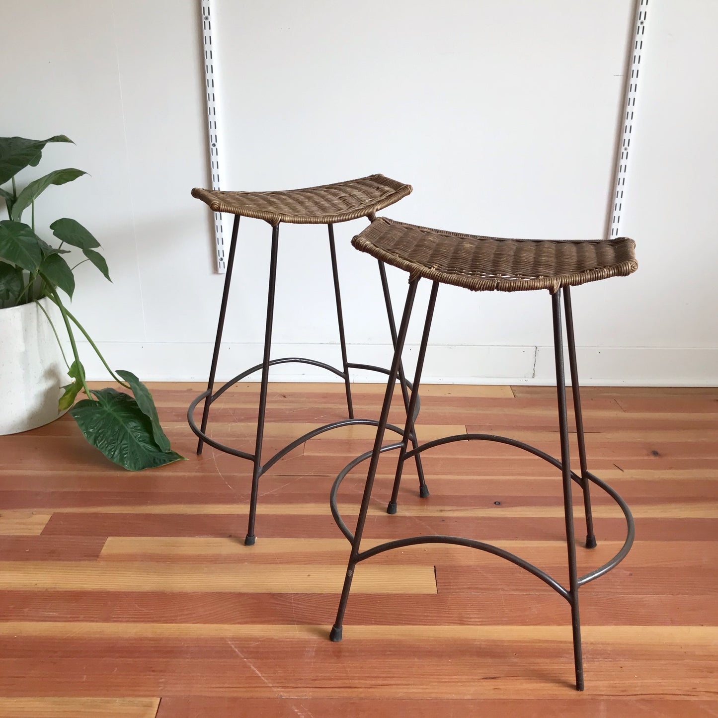 Pair of Vintage Wicker Stools, Attr. Arthur Umanoff