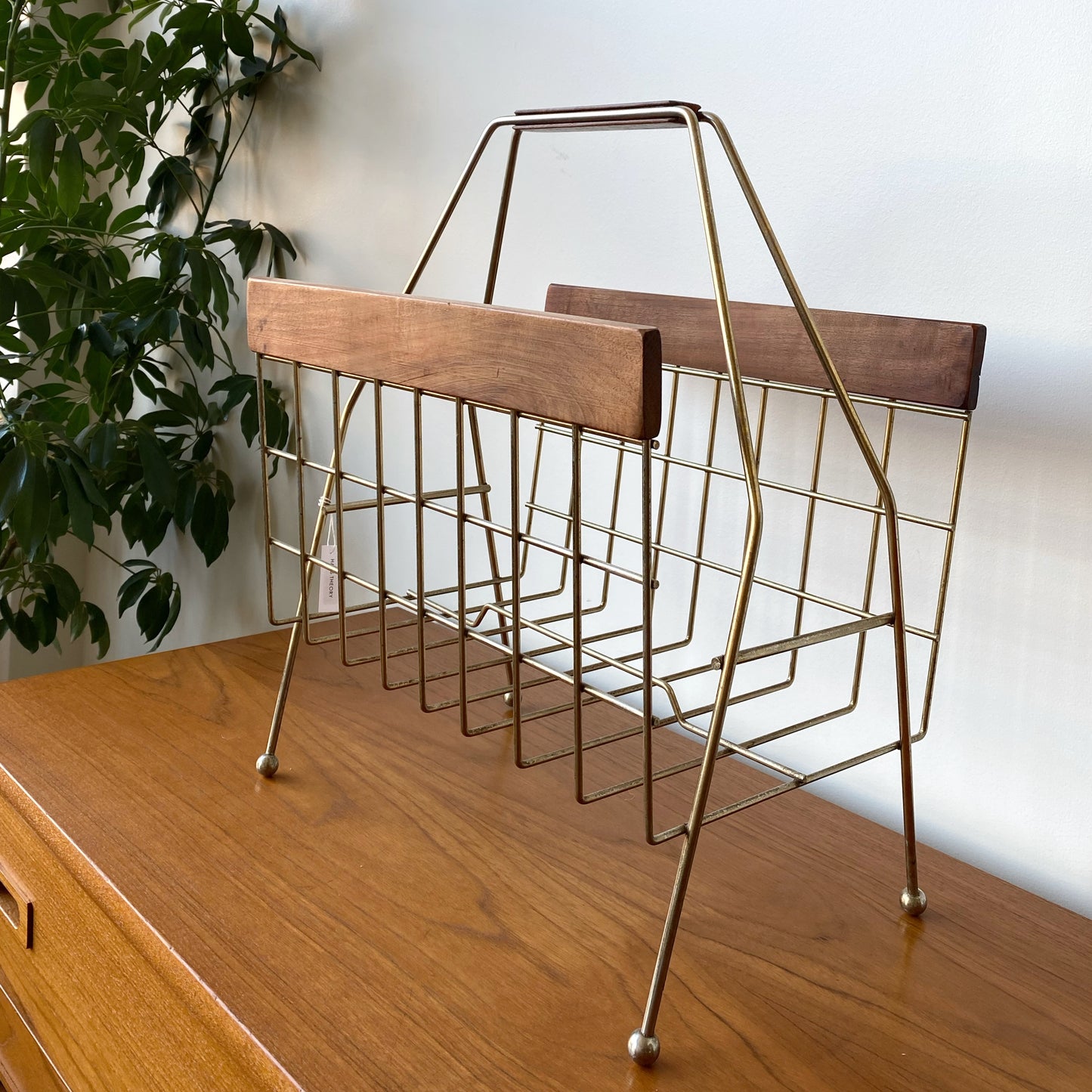 Vintage MCM Wire + Wood Magazine Rack