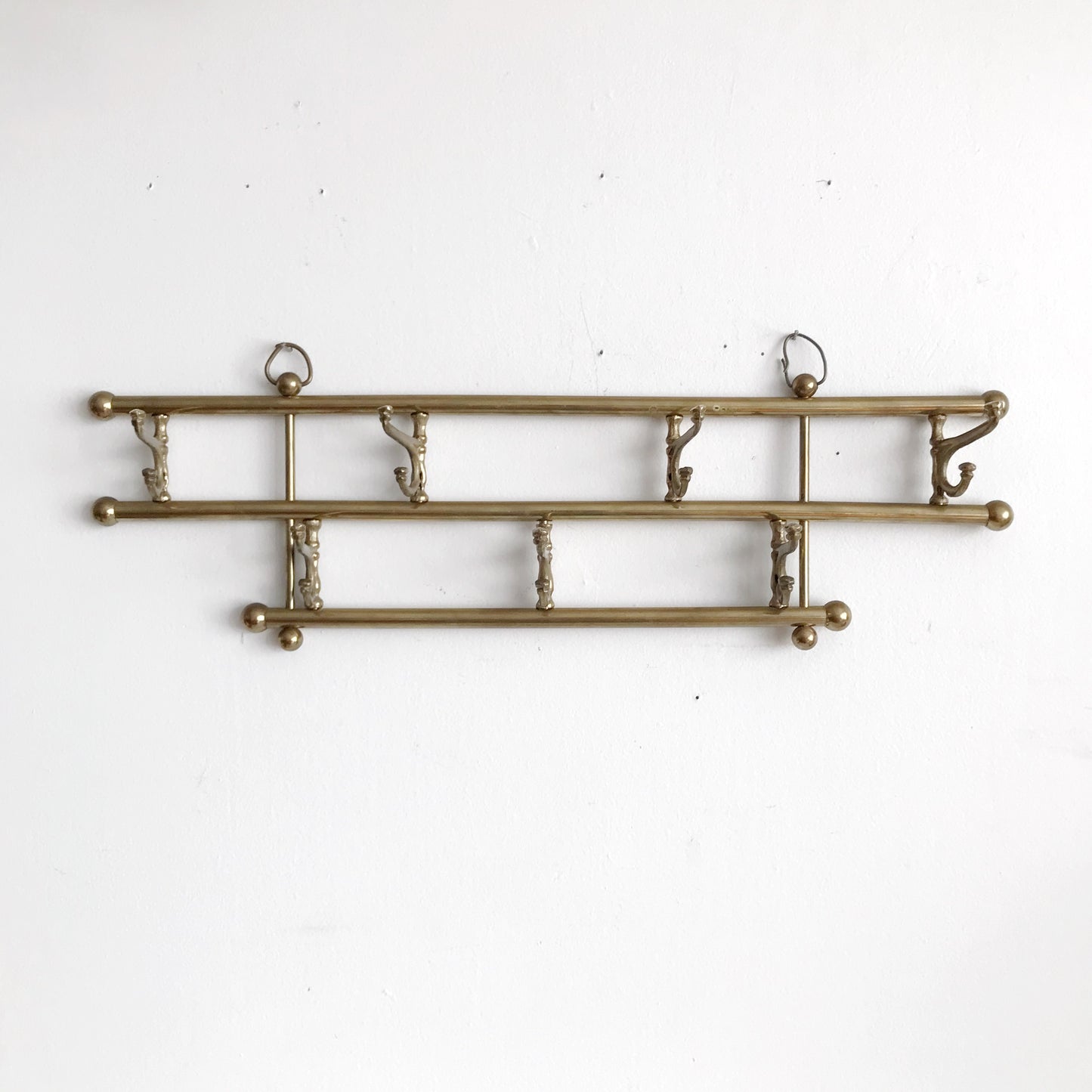 Vintage Solid Brass Coat Rack, 7 Double Hooks