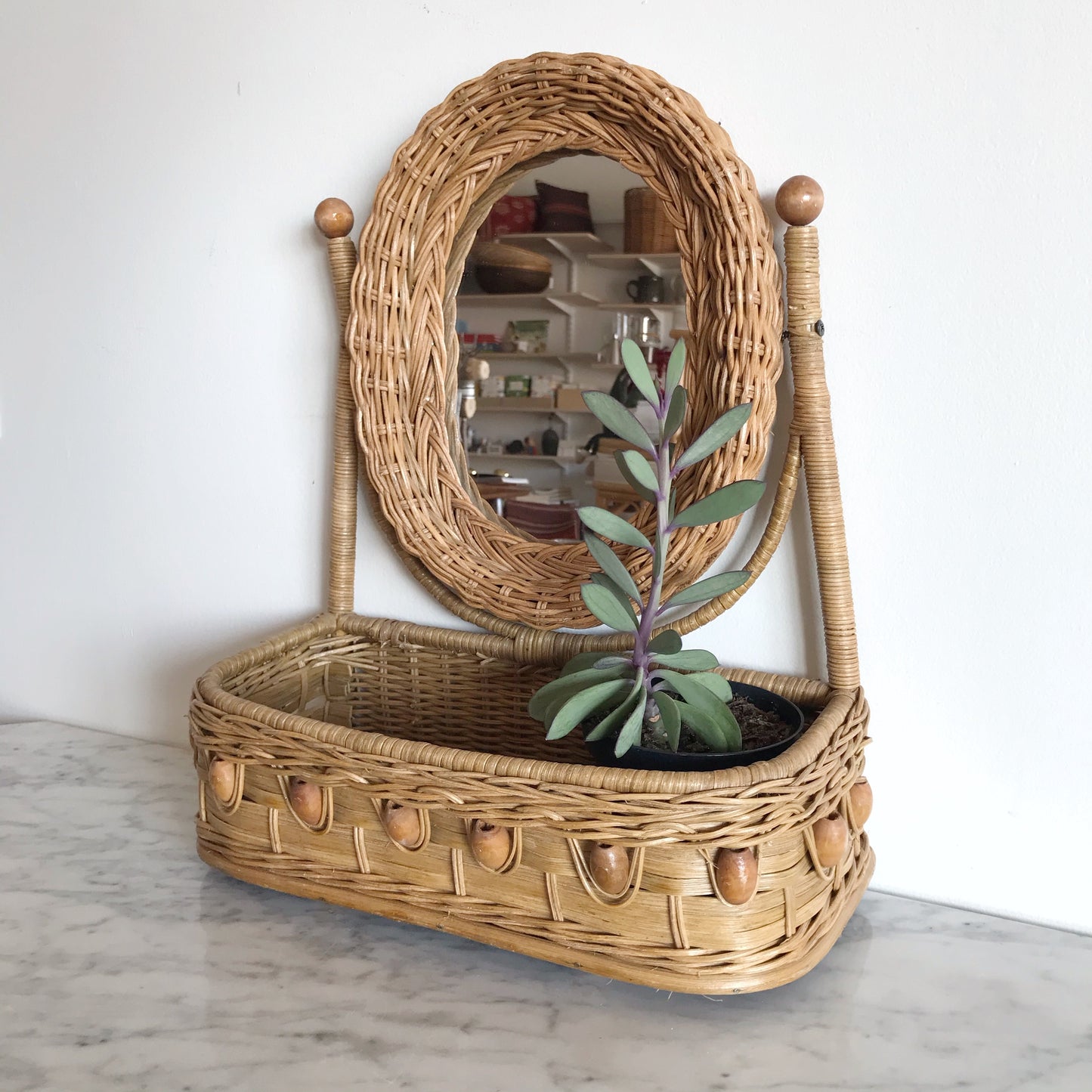 Vintage Wicker Vanity Shelf with Mirror