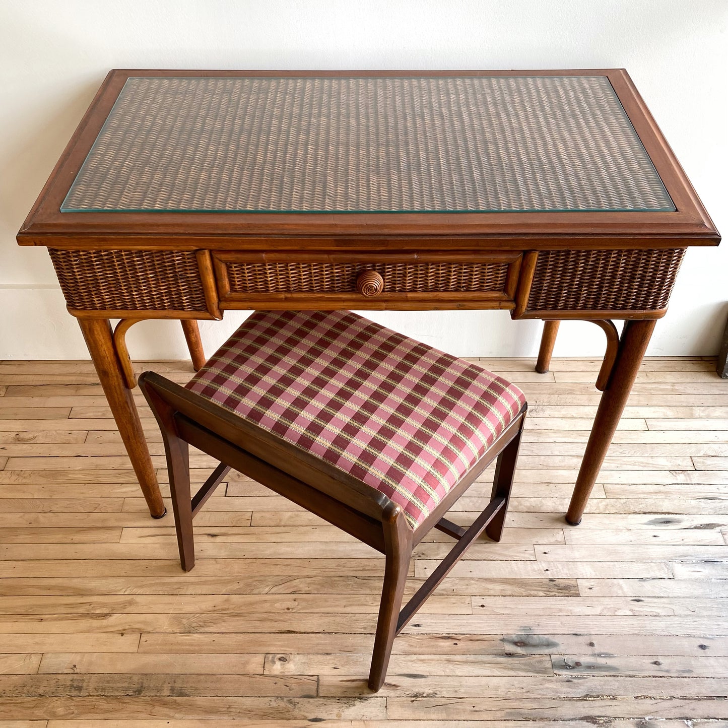 Dark Wicker Desk / Vanity with Glass Top