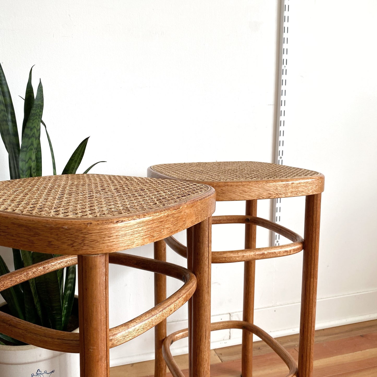 Pair of Bentwood Stools with Cane Seats