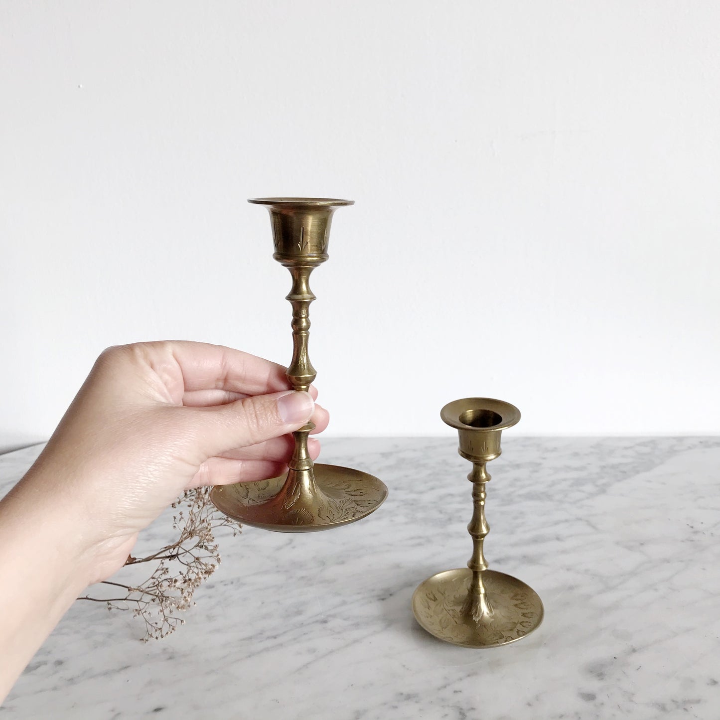 Pair of Vintage Etched Brass Candle Holders