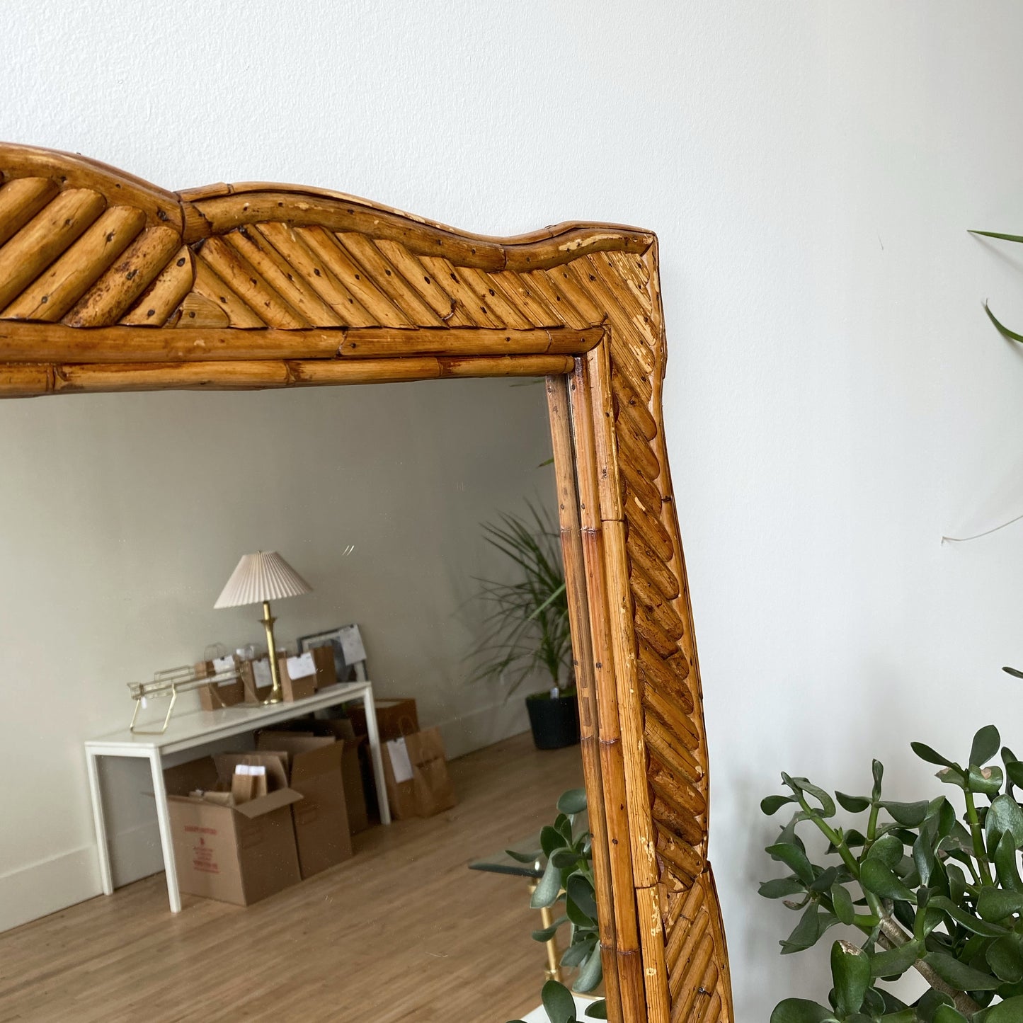 Large Vintage Rattan Mirror with Shelf (24.25" x 30")