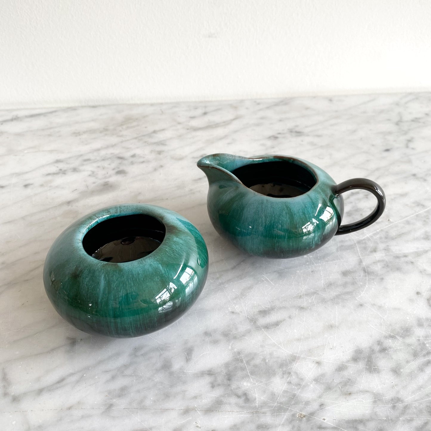 Set: Vintage Green Ceramic Cream Sugar